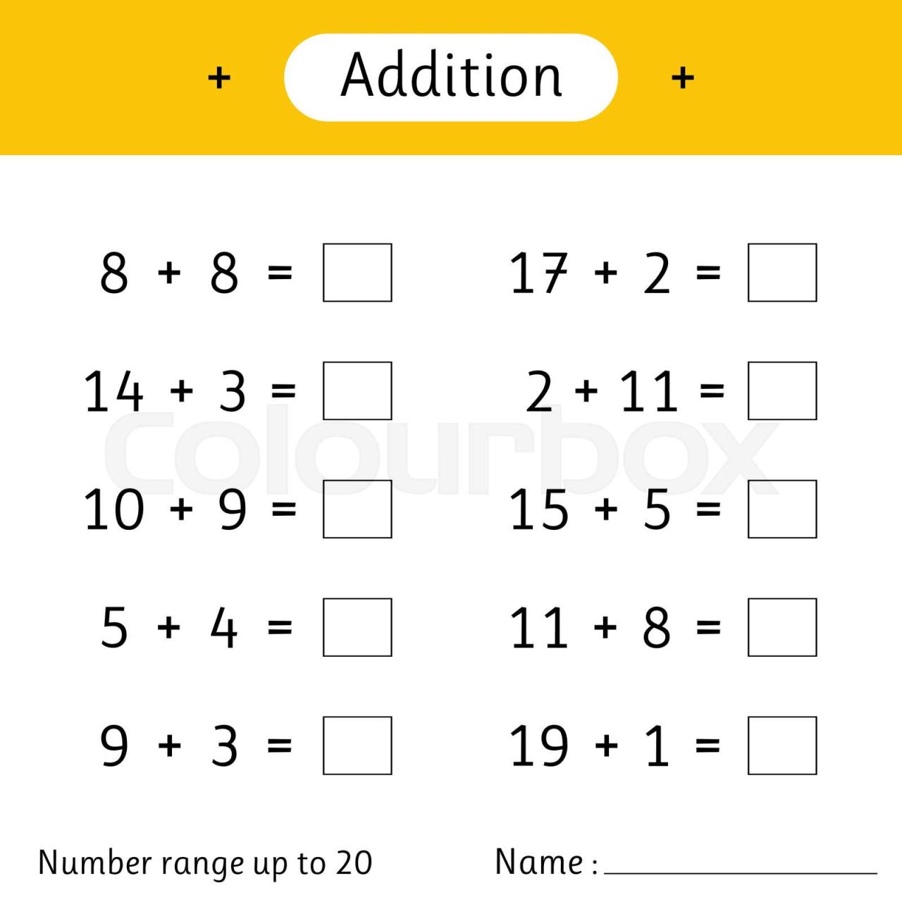 Addition. Number Range Up To 20. Math Worksheet For Kids. Developing  Numeracy Skills. Solve Examples And Write. Mathematics | Stock Vector |  Colourbox